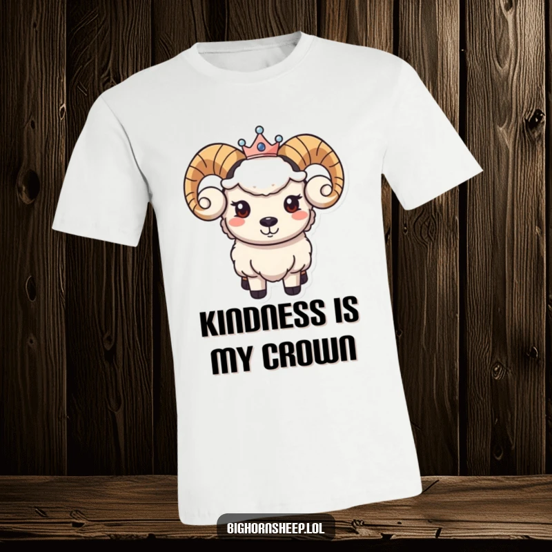 Funny T-shirt showcasing a friendly bighorn sheep character with a kind smile, wearing a small, distinguished crown.