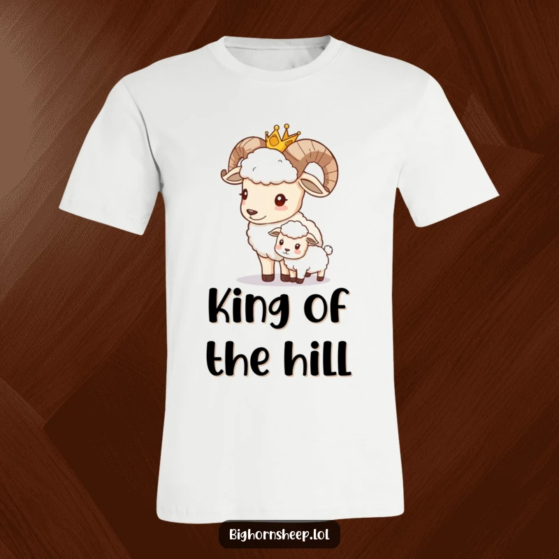 Funny bighorn sheep in royal crown, playfully nudging a smaller sheep, perfect for a funny leader's t-shirt.