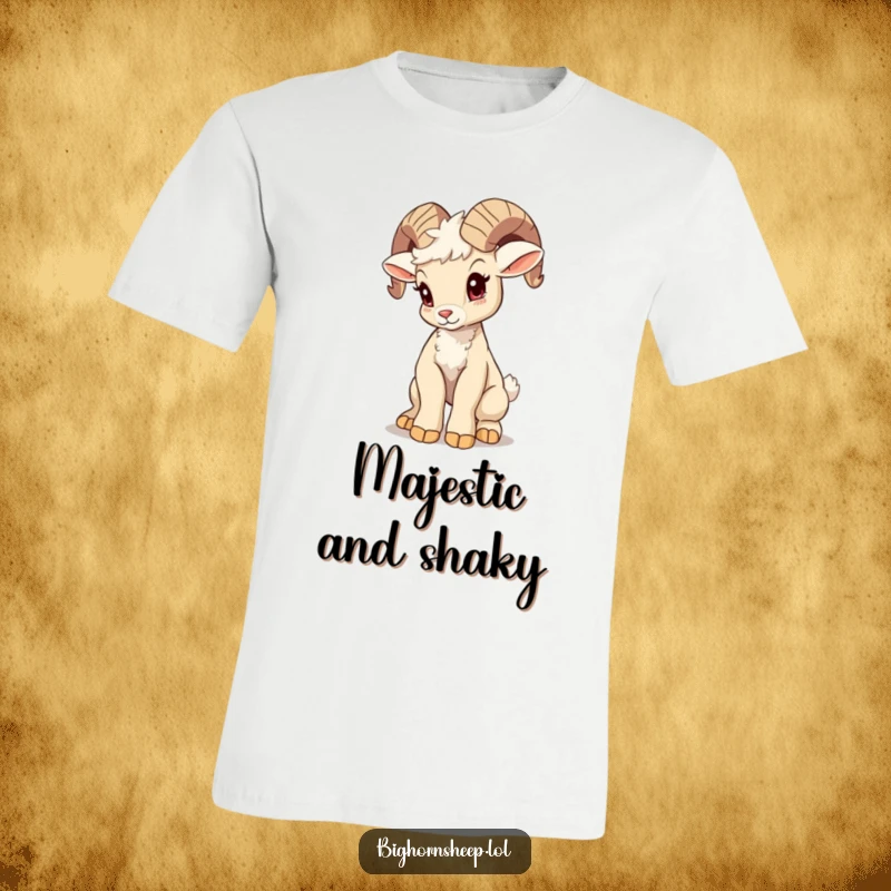 Funny bighorn sheep cub t-shirt, attempting a majestic pose while wobbly, showcasing a hilarious and relatable struggle.