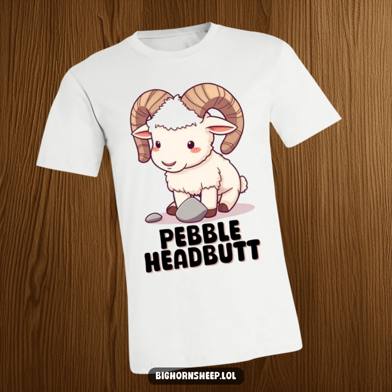 Funny t-shirt with a playful bighorn sheep gently butting horns with a small pebble, showcasing humorous interaction.
