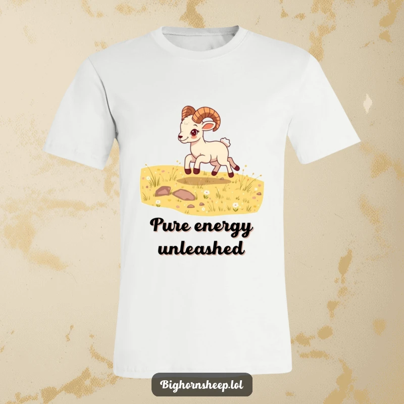 Funny bighorn sheep cub t-shirt, bounding energetically across a sunny meadow, depicting a hilarious scene of pure freedom.