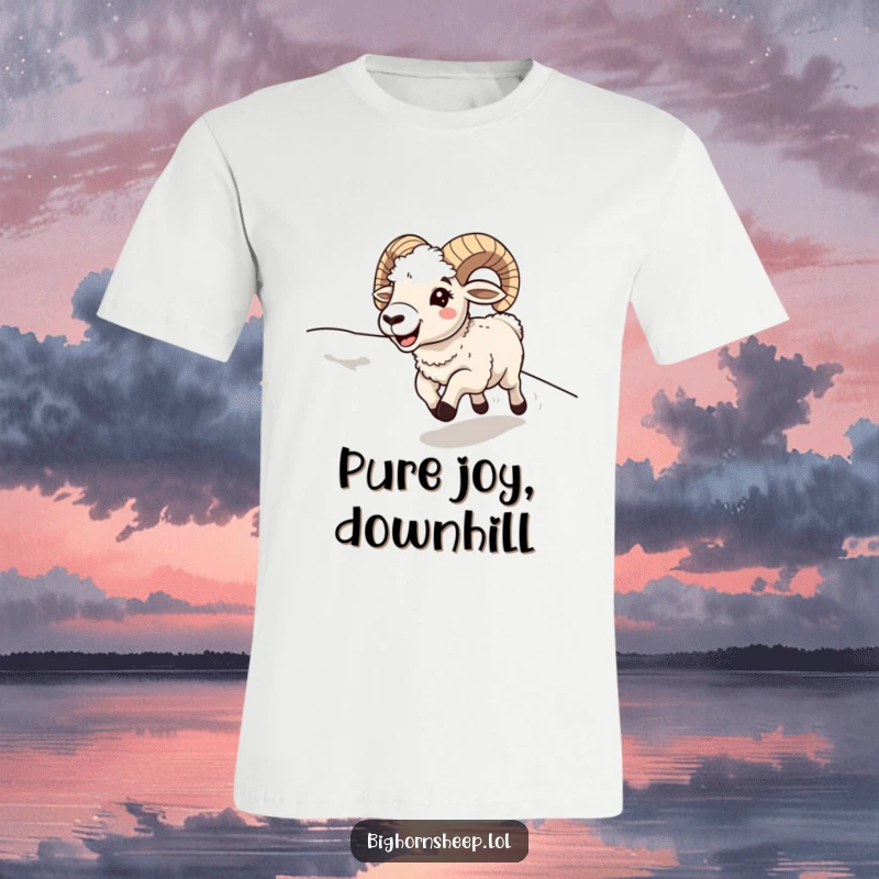Funny bighorn sheep running downhill with pure joy and an open, happy mouth, perfect for an energetic t-shirt.
