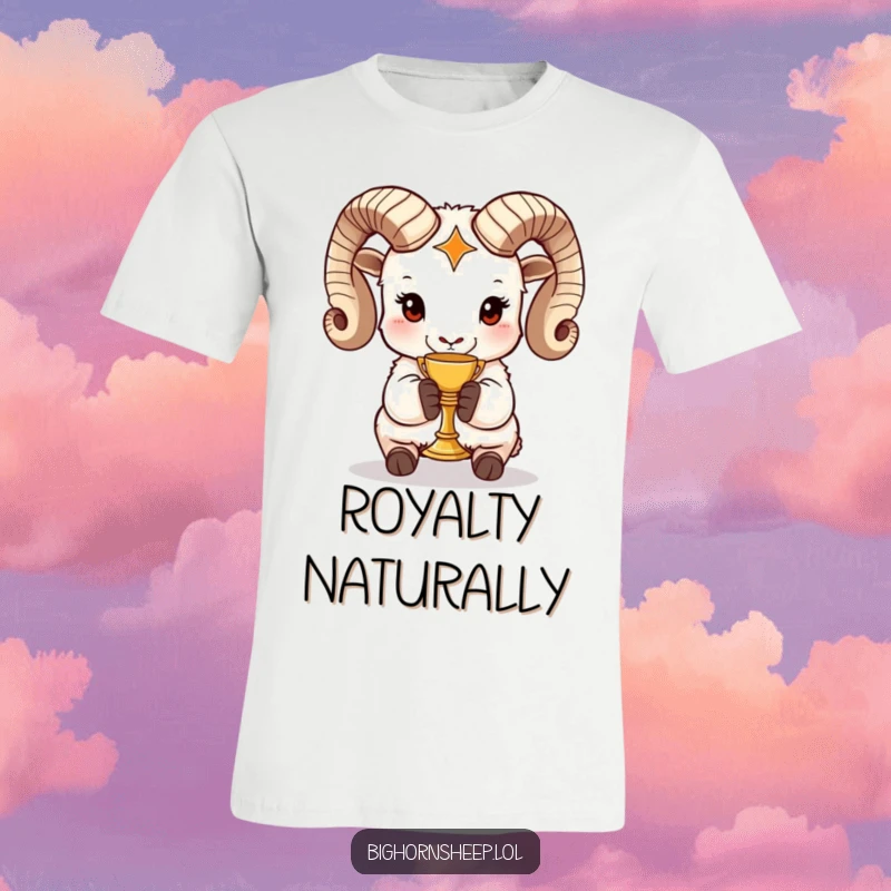 Funny bighorn sheep t-shirt displaying a majestic sheep holding a tiny golden chalice, a whimsical and humorous statement piece.