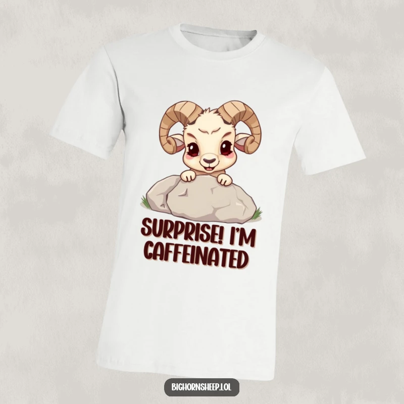 Funny bighorn sheep with a sly, mischievous grin peeking out from behind a large boulder on a t-shirt, inviting playful interaction.