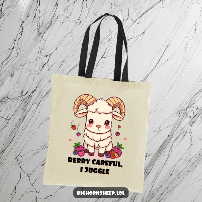 Funny bighorn sheep tote bag featuring a mischievous sheep juggling colorful berries, ideal for stylish and amusing everyday use.