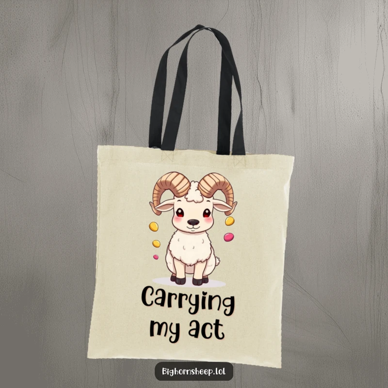 Funny bighorn sheep juggling pebbles with its horns, a charming and humorous tote bag design for everyday use.