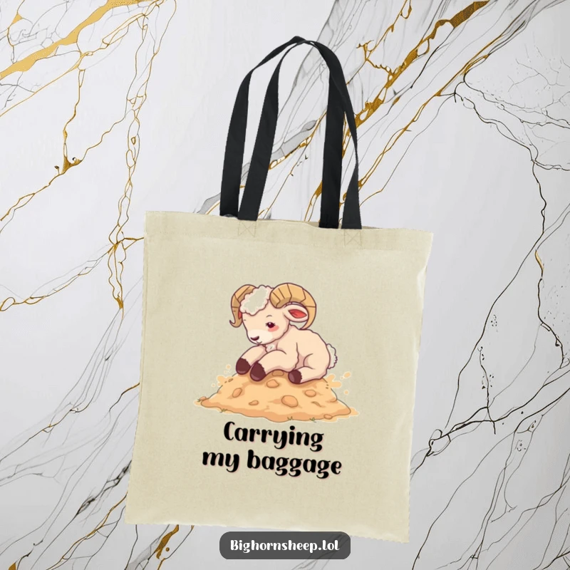 Funny bighorn sheep cub tote bag, joyfully rolling in dusty earth, a spacious and hilarious accessory for everyday use.