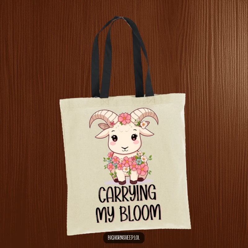 Funny bighorn sheep wearing a flower garland, looking serene, on a natural and humorous tote bag.