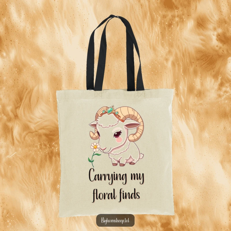 Funny bighorn sheep tote bag, a sheep in a jeweled headband curiously sniffing a flower, showcasing a love for nature with humor.