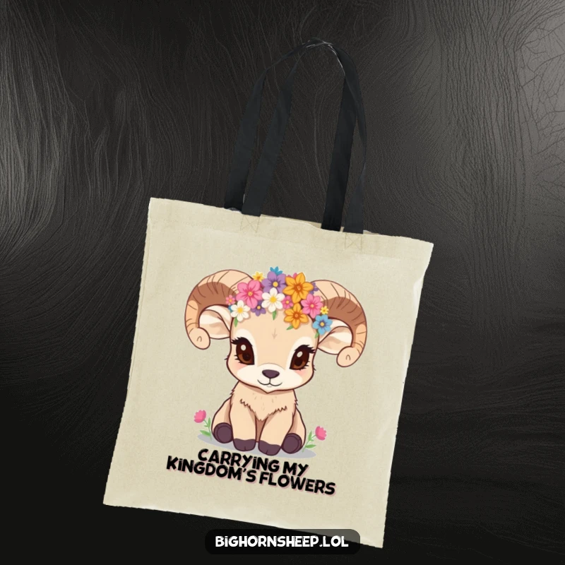 Funny bighorn sheep cub wearing a wildflower crown, looking inquisitive, printed on a durable tote bag.