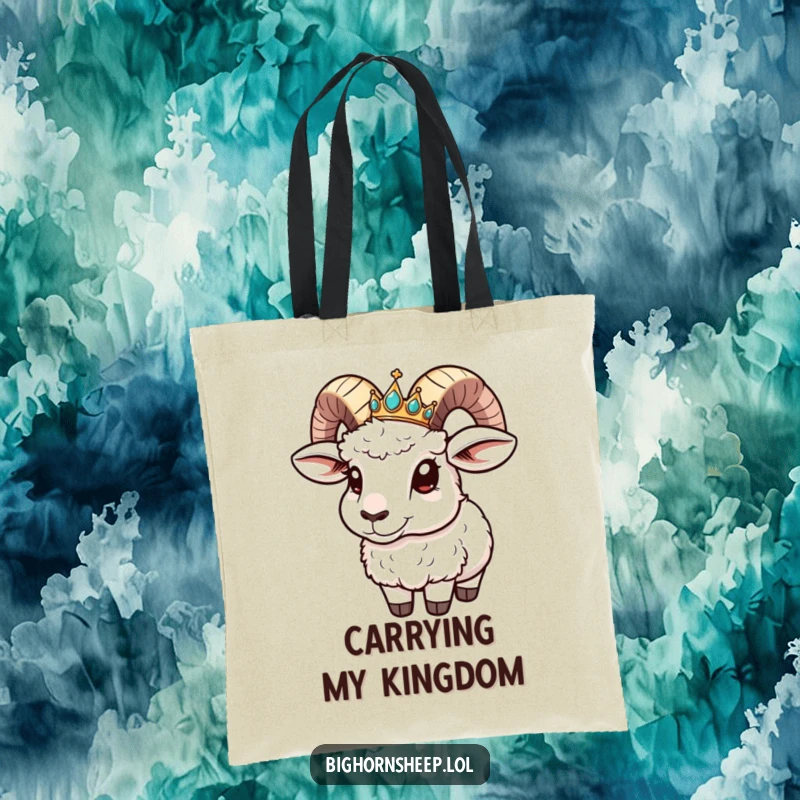 Funny Tote Bag: Bighorn sheep with a tiny jeweled crown comically sliding off its horn.