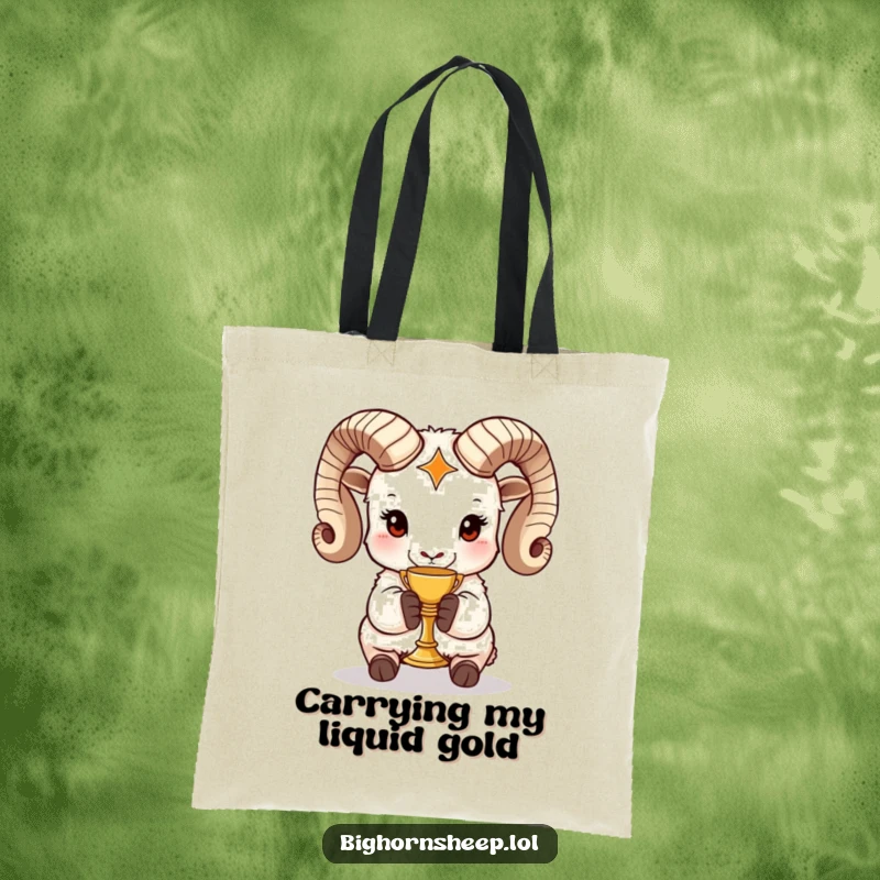 Funny bighorn sheep tote bag with a bighorn sheep holding a tiny golden chalice, great for stylish and humorous carrying.