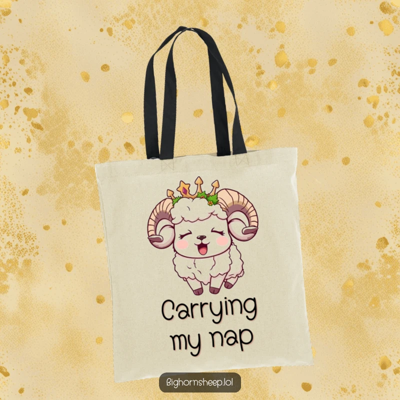 Funny sleepy bighorn sheep tote bag, a yawning sheep in a moss crown, perfect for carrying relaxation essentials.