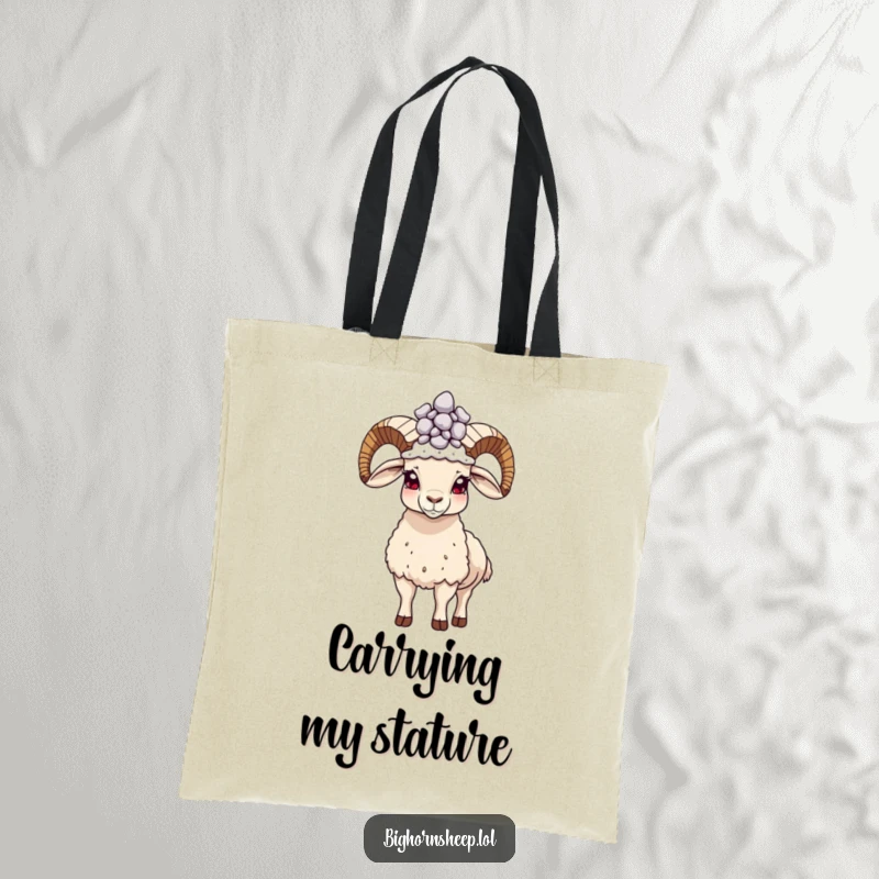 Funny proud bighorn sheep tote bag, standing tall with a pebble crown, carrying essentials with humorous strength.