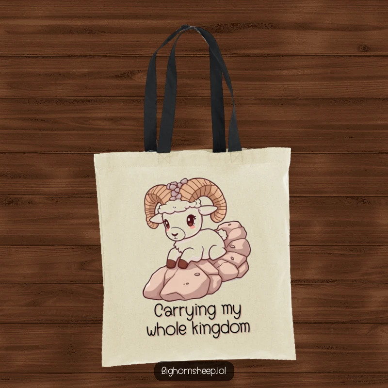 Funny bighorn sheep sporting a pebble crown gleefully sliding down a rocky slope on a durable tote bag, showcasing outdoor fun.
