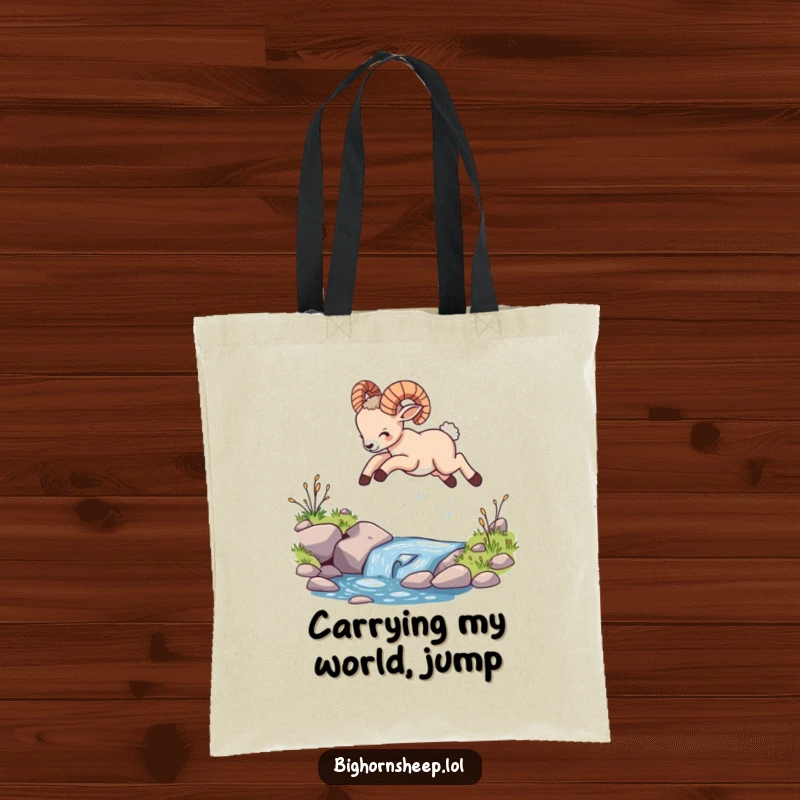 Funny bighorn sheep cub tote bag, showing the cub mid-leap over a stream, symbolizing fun and outdoor adventure.