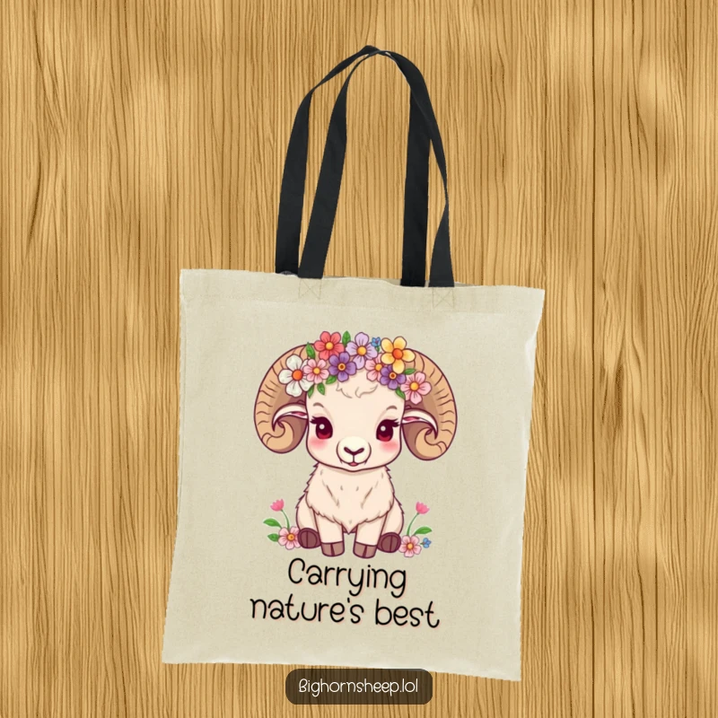 Funny bighorn sheep adorned with a wildflower crown, looking serene on a charming tote bag.