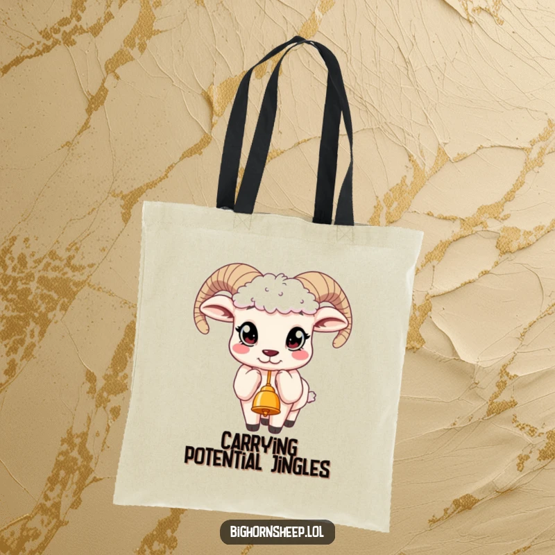 Funny tote bag featuring a bighorn sheep with big, questioning eyes, reaching out to ring a dangling bell.