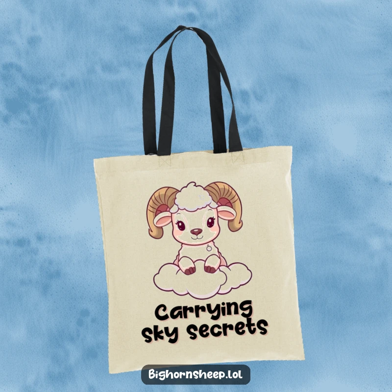 Funny tote bag featuring an adorable bighorn sheep peeking from behind a large, plush cloud, perfect for carrying your treasures.