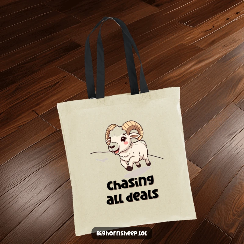 Funny bighorn sheep running downhill with a huge smile and open mouth, on a vibrant and humorous tote bag.