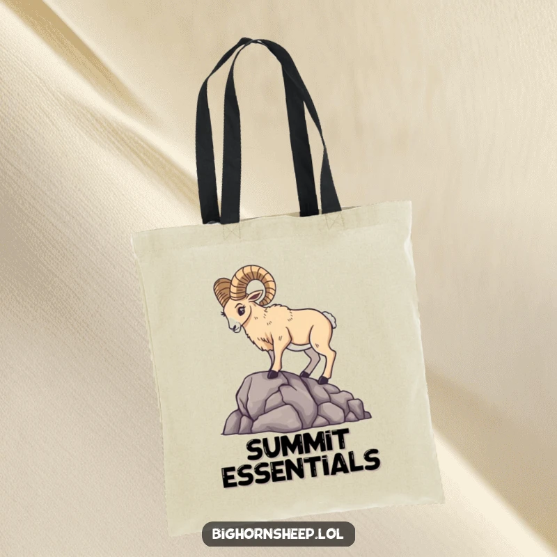 A bighorn sheep striking a dramatic pose on a rocky outcrop, showcased on a durable tote bag.