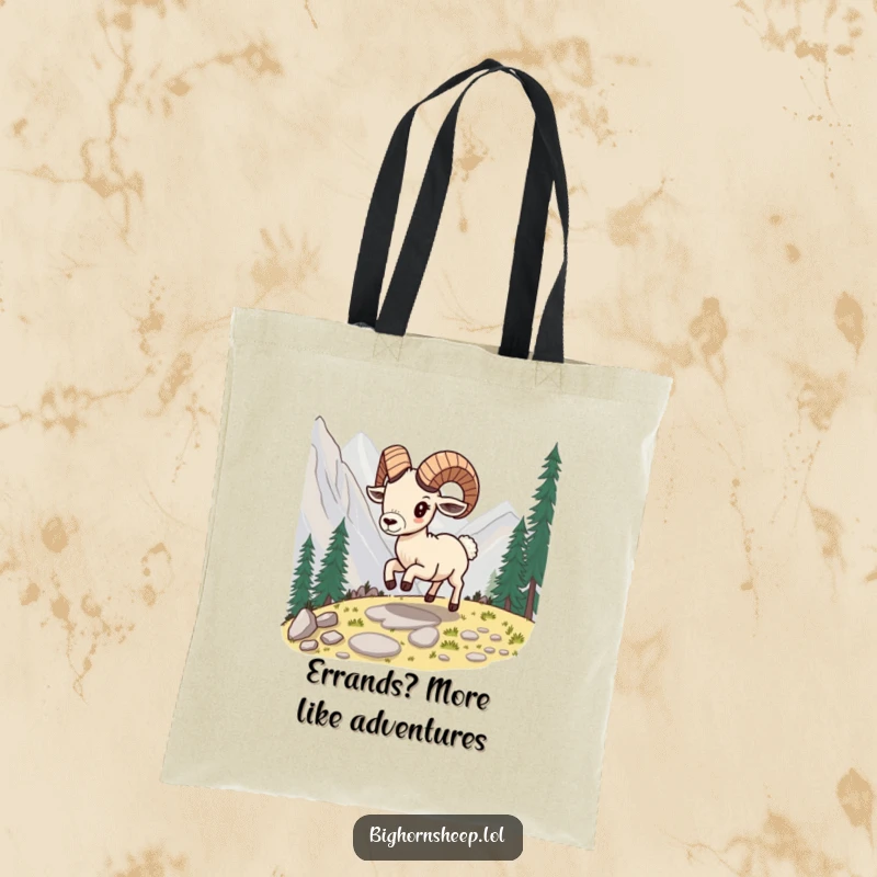 Funny bighorn sheep tote bag, depicting the sheep skipping happily along a mountain path, perfect for adventurers.