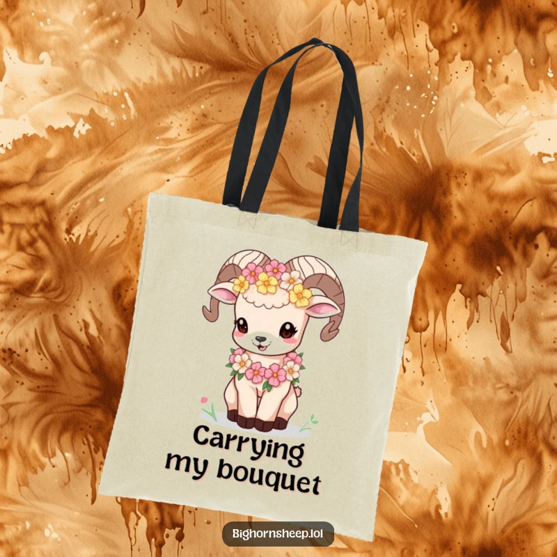 Funny bighorn sheep cub adorned with a flower garland, bleating playfully on a durable tote bag, embodying natural beauty.