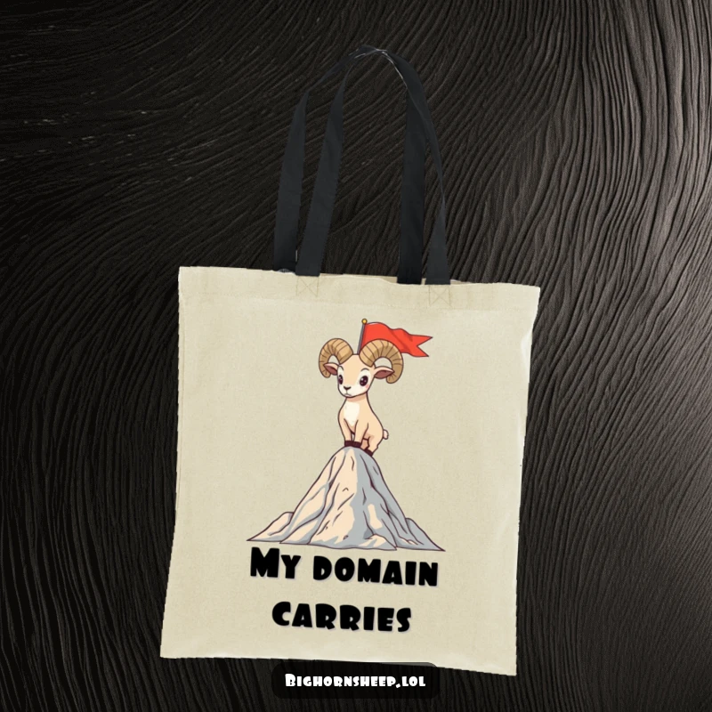 Funny tote bag with a bighorn sheep standing proudly on a mountain peak, holding a flag, perfect for carrying achievements.
