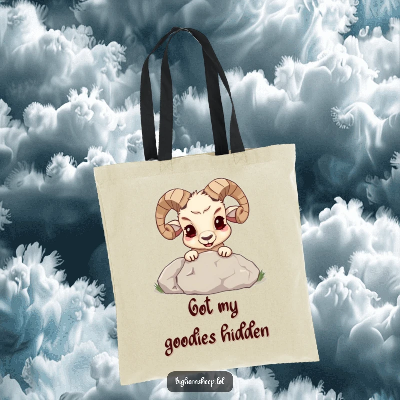 Funny bighorn sheep with a mischievous grin peeking from behind a large boulder on a durable tote bag, suggesting hidden fun.