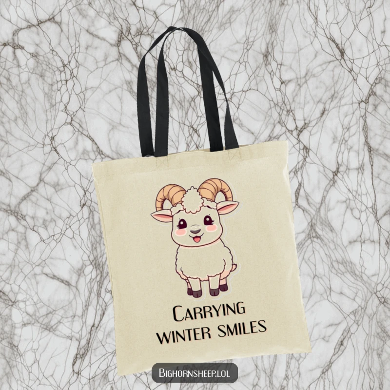 Funny tote bag displaying a giggling bighorn sheep wearing fluffy wooly ear muffs askew, ready for errands and smiles.
