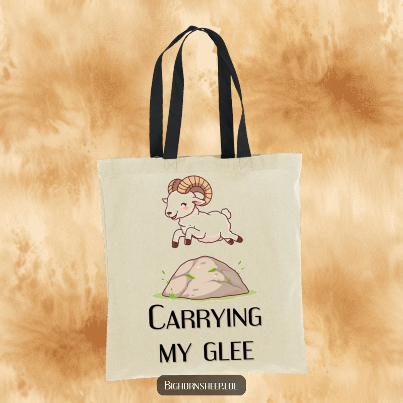 Funny Bighorn Sheep Tote Bag: A smiling sheep in a joyful leap over a small mound, perfect for errands.