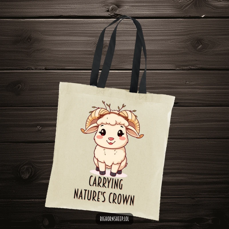 Funny bighorn sheep tote bag, cheerful sheep with a twig crown waving, a stylish and eco-friendly accessory.