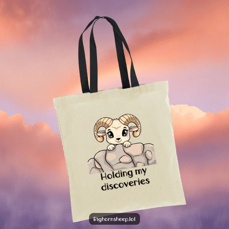 Funny Curious Bighorn Sheep Tote Bag: A tote featuring a sheep with wide, curious eyes peeking over a ledge.