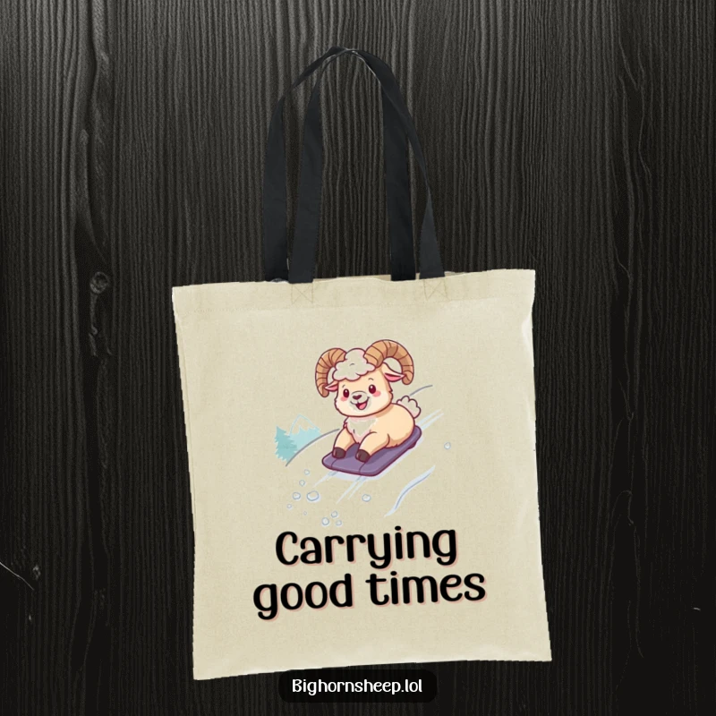 Funny tote bag showcasing a bighorn sheep hilariously sliding down a snowy slope, perfect for carrying groceries with a side of laughter.