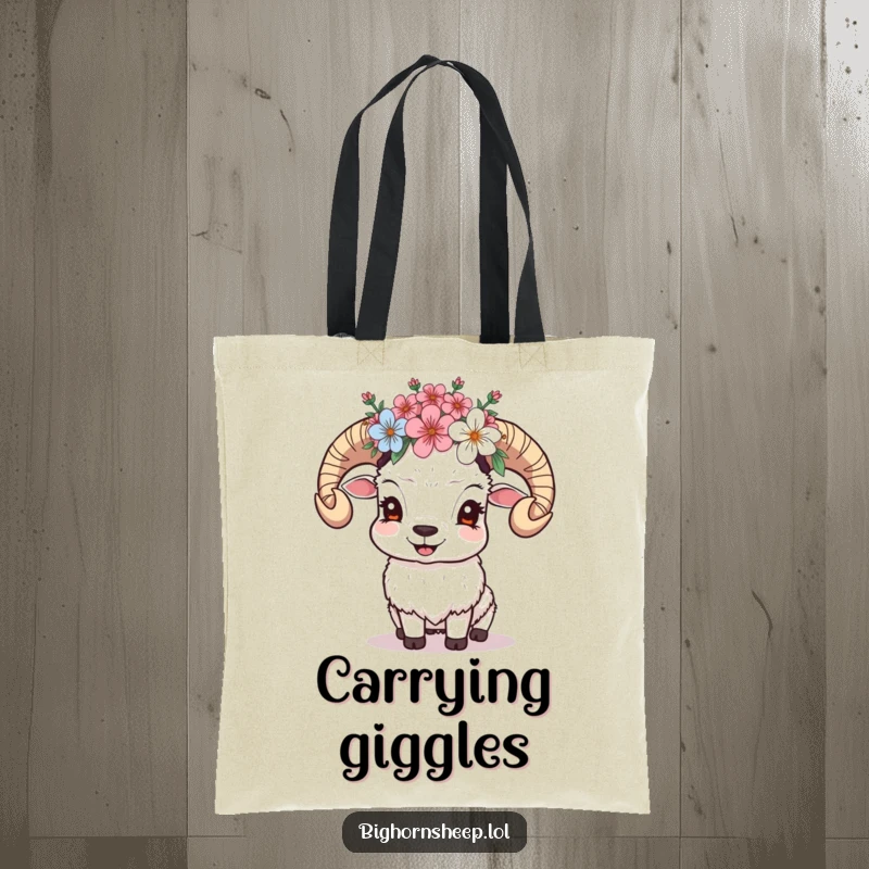 Funny Giggling Sheep Tote Bag: Sheep with a crown of alpine blossoms giggles, carrying natural joy and floral beauty.