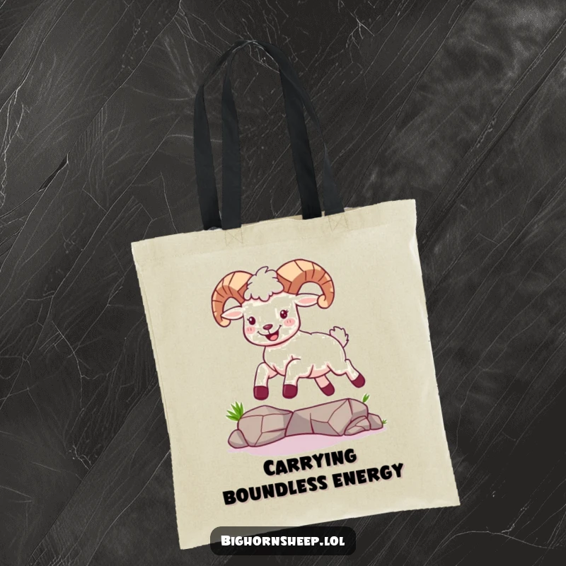 Funny tote bag featuring a bighorn sheep joyfully leaping over a small gap, conveying a sense of freedom and fun.