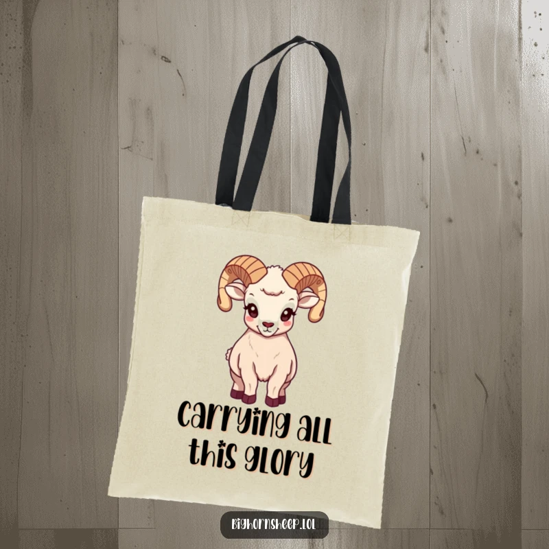 Funny majestic bighorn sheep tote bag, featuring the sheep standing proudly with its grand horns held high.
