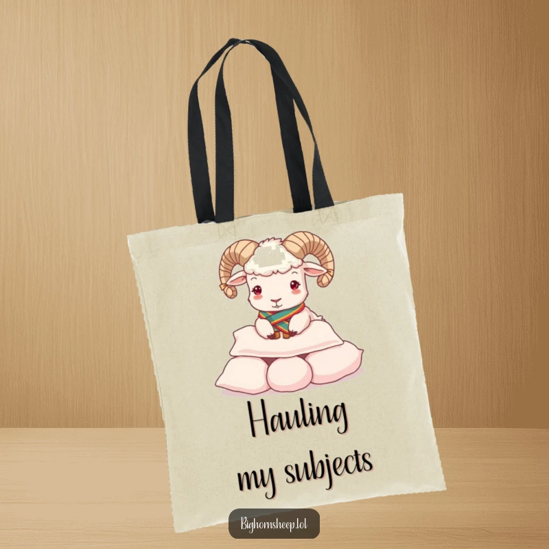 Funny Tote Bag: Bighorn sheep in a regal sash hilariously buttering a pile of soft pillows.