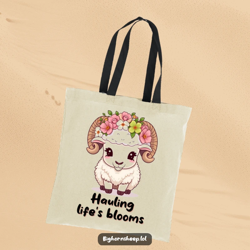 Funny Tote Bag showcasing a bighorn sheep awkwardly adjusting an oversized flower crown, perfect for carrying your daily dose of absurdity.