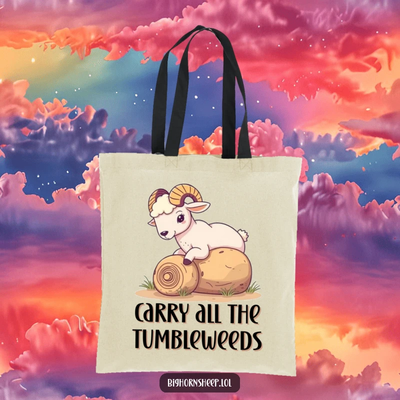 Funny Bighorn Sheep Tote Bag: A sheep playfully nudging a rolling tumbleweed, perfect for carrying essentials with humorous desert flair.
