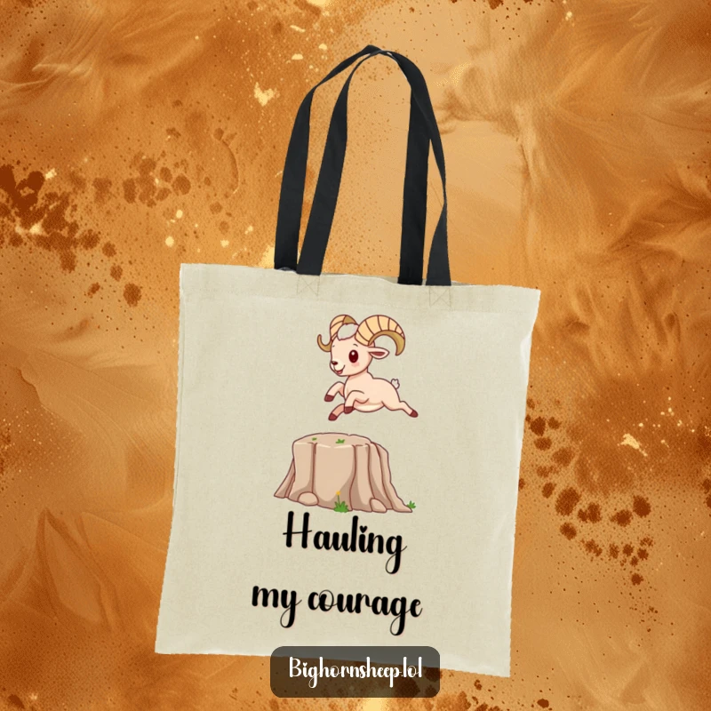 Funny bighorn sheep character energetically leaping over a small cartoon canyon, on a tote bag.