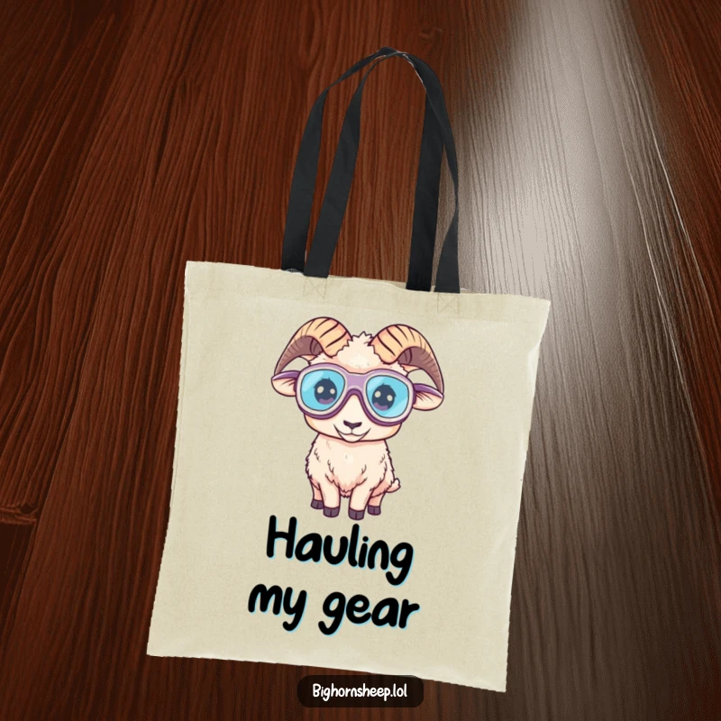 Funny tote bag with a bighorn sheep wearing oversized goggles, looking ready for a humorous and daring journey.