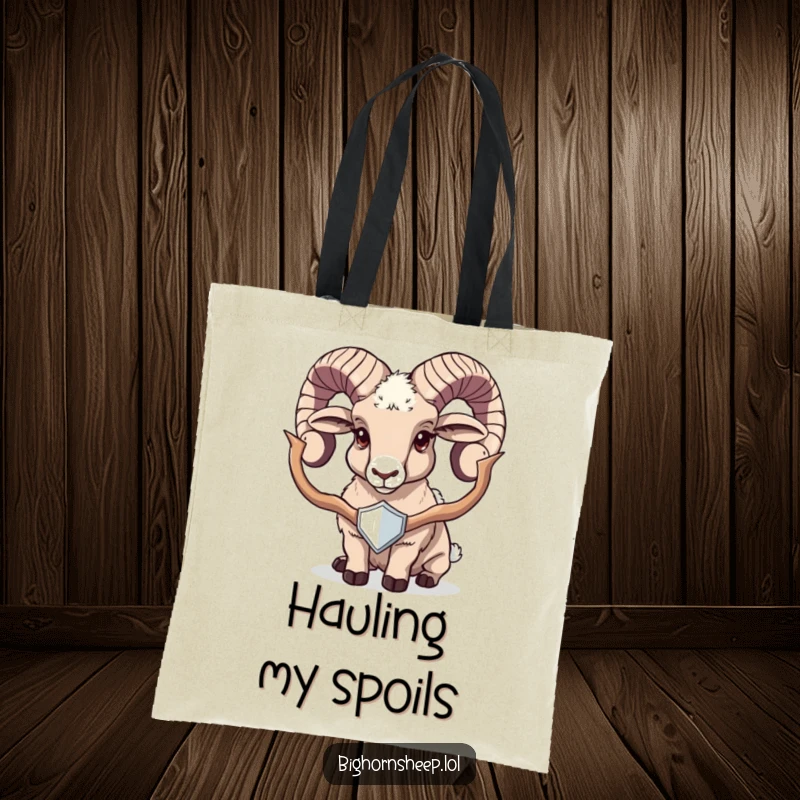 Funny bighorn sheep tote bag featuring a proud sheep holding a shiny trophy, ideal for stylishly carrying essentials with humor.