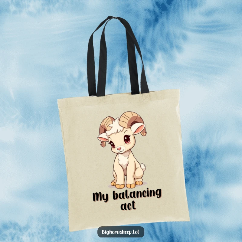 Funny bighorn sheep cub tote bag, attempting a majestic pose with a slight wobble, showcasing a hilarious and charming design.