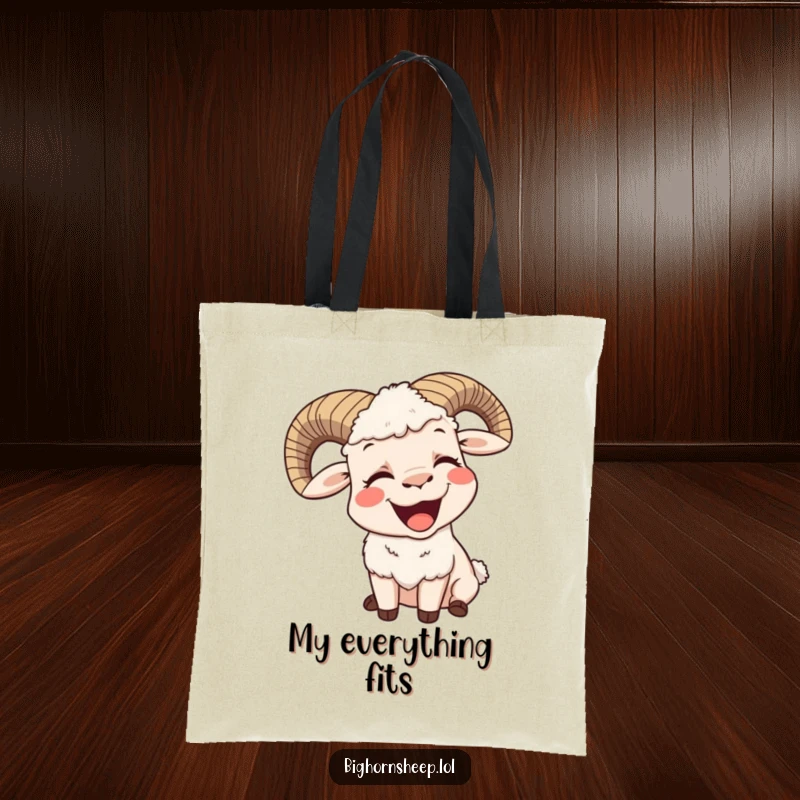 Funny tote bag with a bighorn sheep yawning widely with a contented smile, perfect for carrying items with a relaxed, humorous touch.
