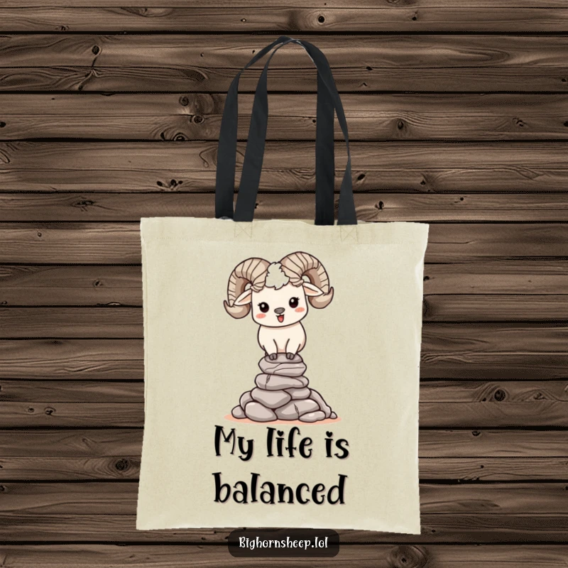 Funny, happy bighorn sheep character concentrating on balancing a stack of small rocks on a durable tote bag, promoting calm.