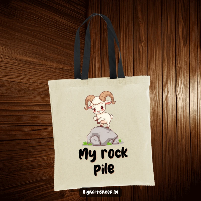 Funny Bighorn Sheep Tote Bag: Cute sheep with curly horns playfully hops on a rock, carrying joy and wilderness spirit effortlessly.