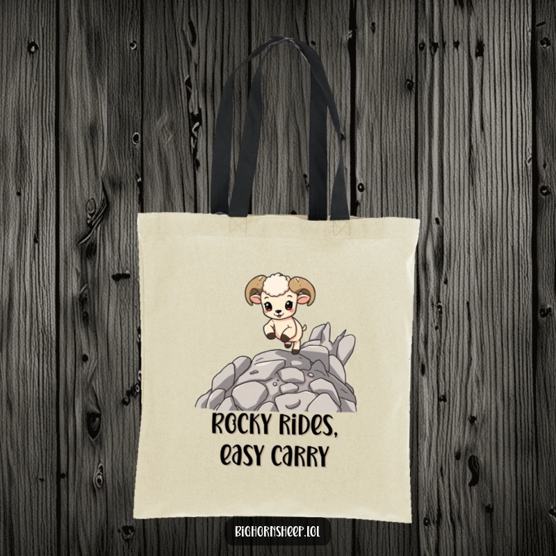 Funny Bighorn Sheep Cub Tote Bag: A cute baby sheep happily bouncing on rocks, perfect for carrying essentials with playful style.